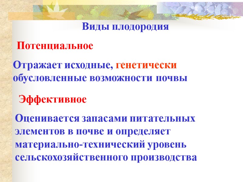 Виды плодородия  Потенциальное Эффективное Отражает исходные, генетически обусловленные возможности почвы Оценивается запасами питательных